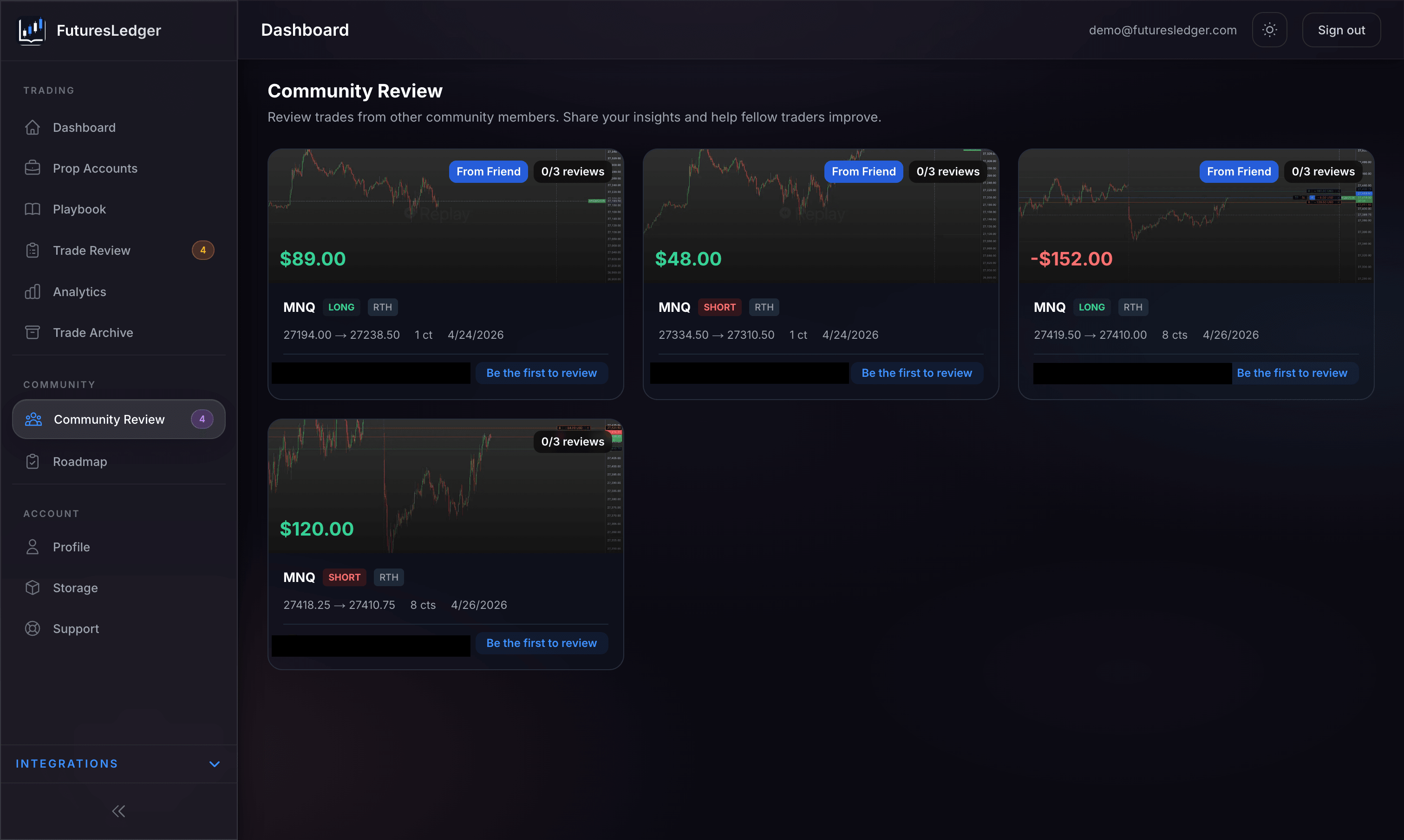 Community review feed showing trades from other members with review counts