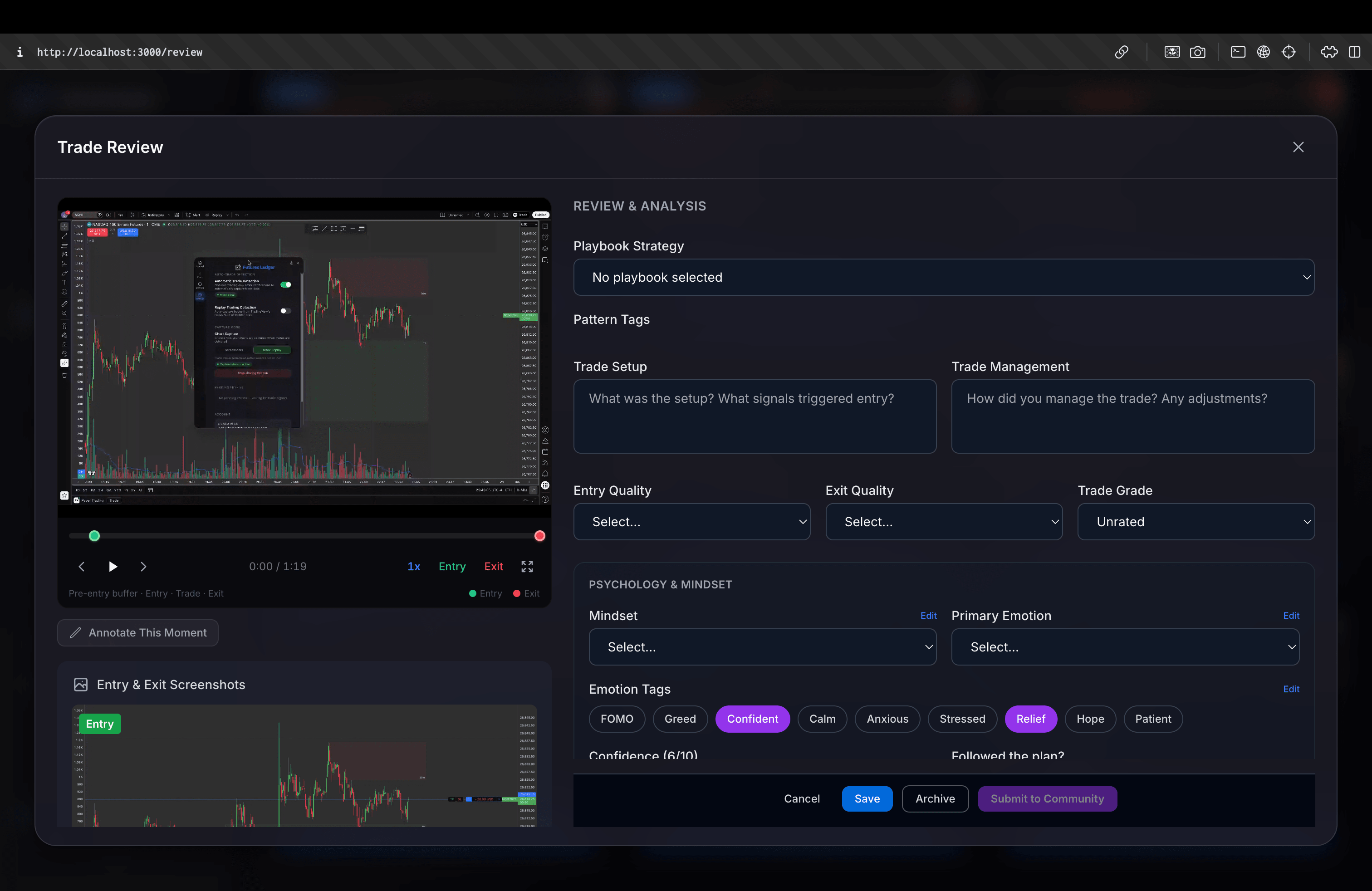 Detailed trade review form with screenshots, strategy linking, pattern tags, and psychology tracking