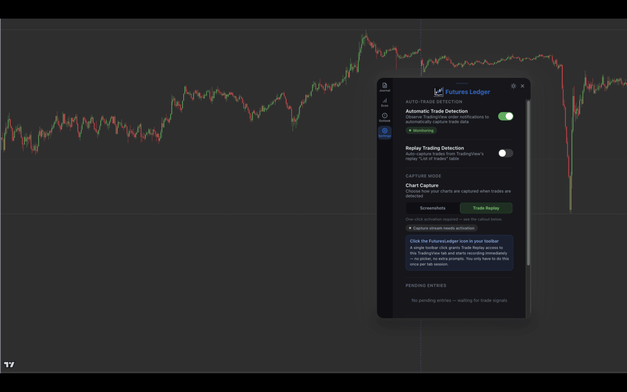 Extension settings — auto-trade detection, replay detection, account management