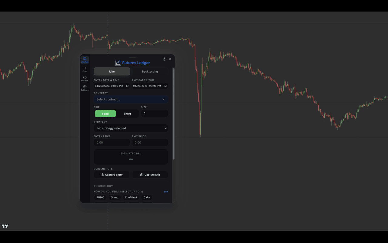 FuturesLedger Mini extension — trade journal panel overlaid on TradingView